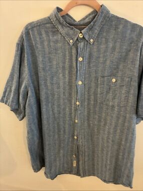 Men’s Linen Light Blue Striped Short-Sleeve Button-Down Shirt with Pocket Sz XL